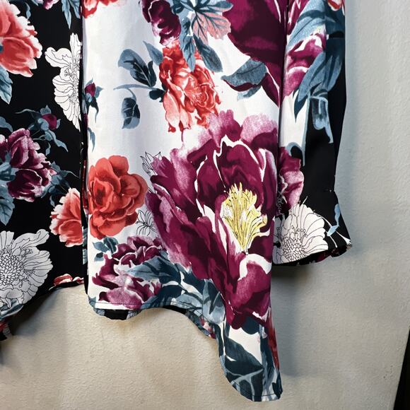 Chico's 2 petite large 12 Long Sleeve Floral Red Black Blouse Shirt Top Tropical - Picture 2 of 12